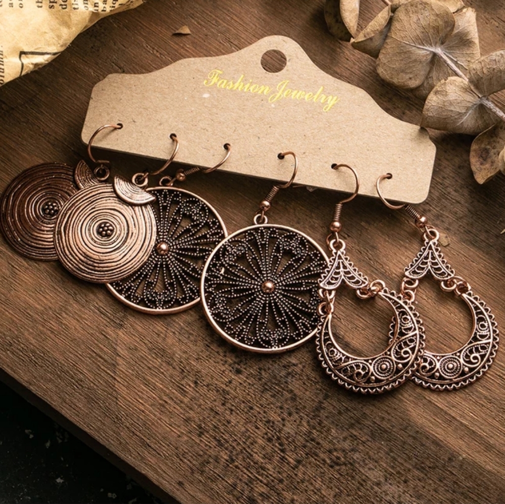 3 Pair Set Tribal Bohemian Dangle Earrings